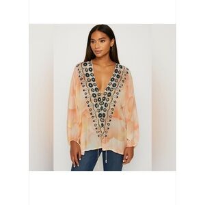 Camilla Loves Intermix orange embellished feather lace up boho tunic blouse P/S